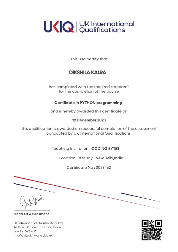 Dikshila Kalra UKIQ Certificate No- 3023462