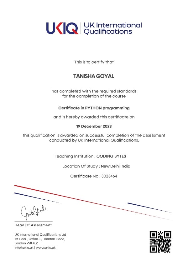 Tanisha Goyal UKIQ Certificate No- 3023464